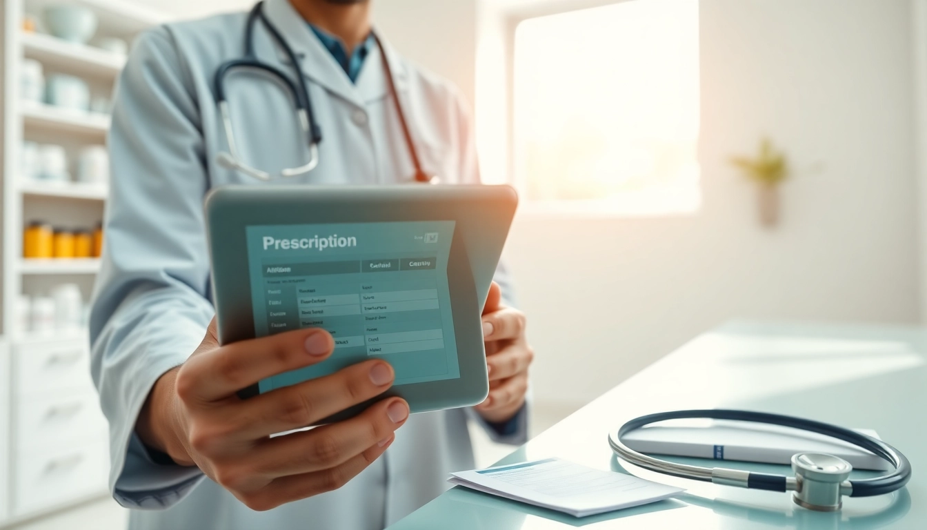 Engaging healthcare provider demonstrating electronic prescribing systems on a tablet in a clinic.