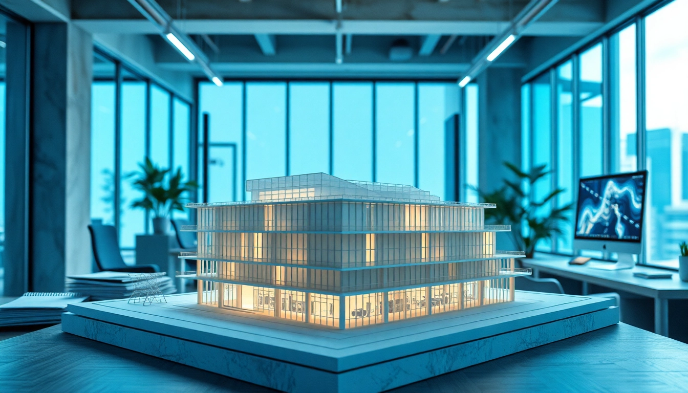 Ansicht einer fotorealistischen 3d visualisierung eines architektonischen Modells in einem modernen Büro.