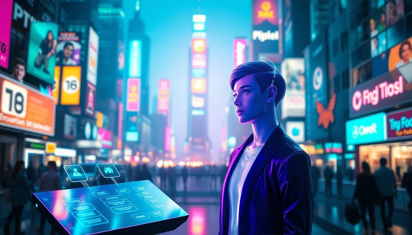 Engage with AI character chat no limits in a vibrant futuristic setting with digital avatars.