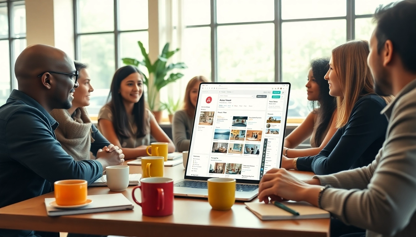Engaged users participating in an interactive airbnb host forum discussion at a cozy coffee shop.