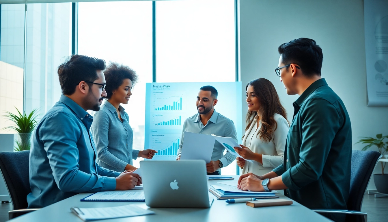 Creating a detailed Business Plan during a team meeting with charts and graphs.