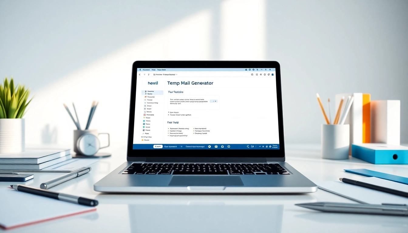 Utilizing a temp mail service on a sleek laptop in a professional workspace.