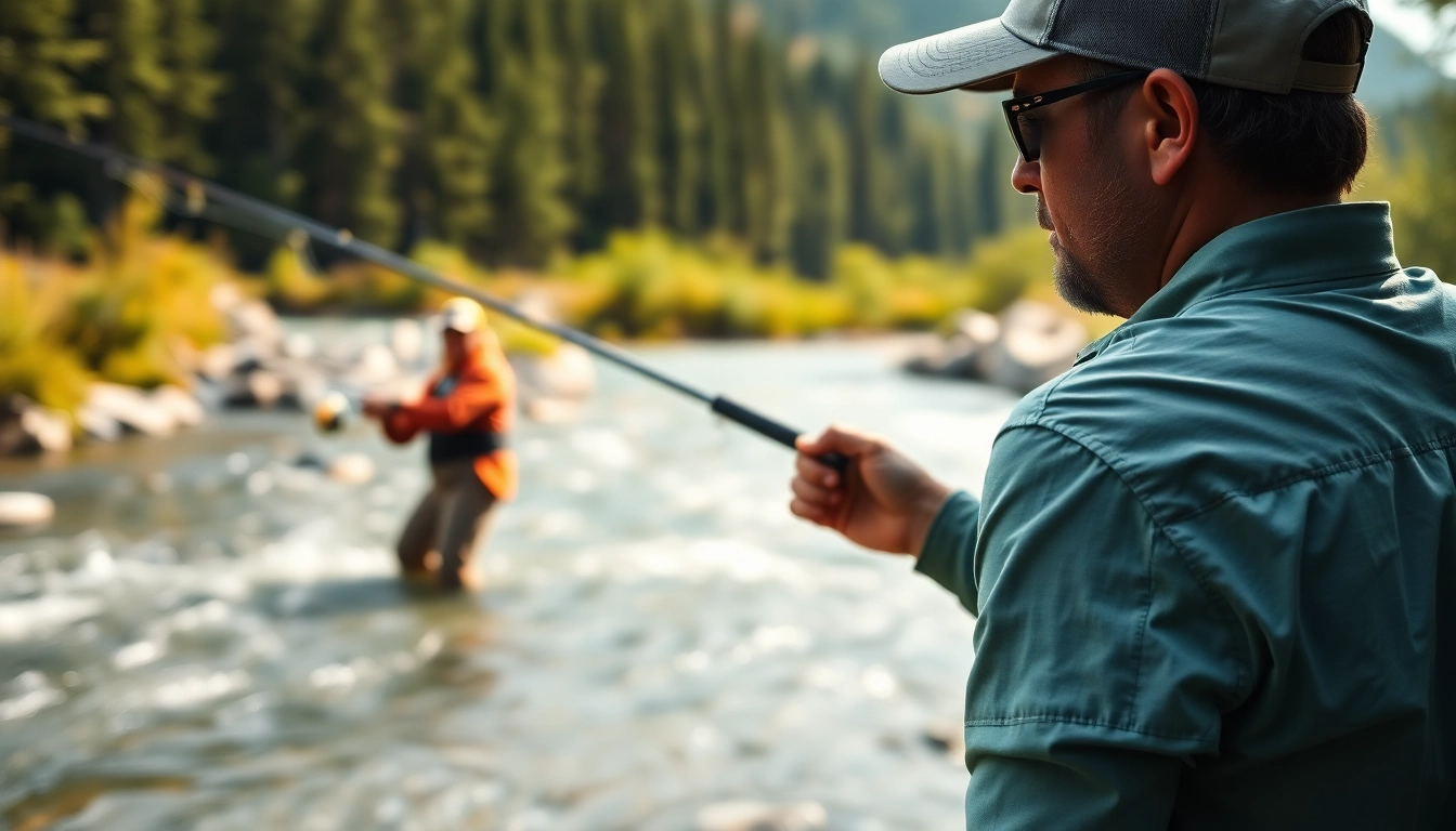 Angler casting with high-performance fly fishing apparel in a tranquil riverside setting.