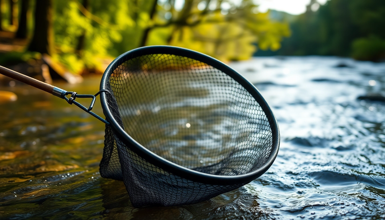 Capturing a fly fishing net showcasing its rubberized mesh against a tranquil river backdrop.