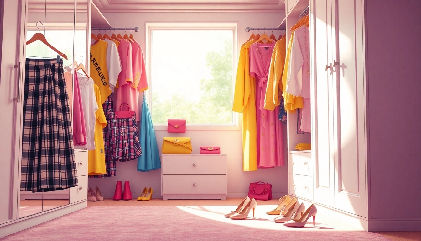 Cher's clueless closet featuring stylish outfits and accessories in a vibrant, well-organized setting.