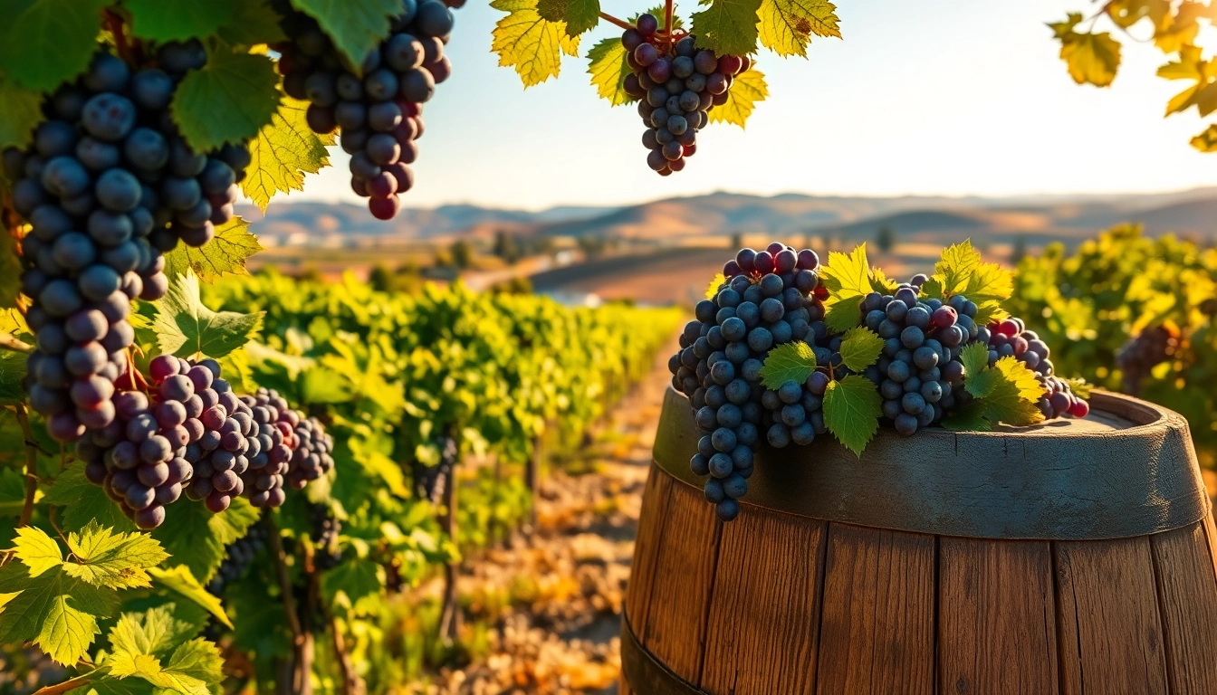 Carksburg CA vineyards with ripe grapes and wine barrel basking in golden sunlight.