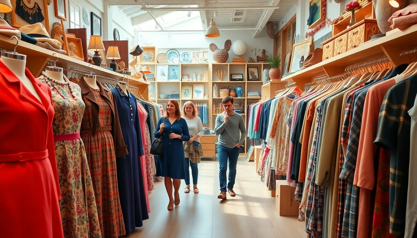 A shopper admiring unique finds at a vintage shop Copenhagen, surrounded by eclectic vintage clothing.