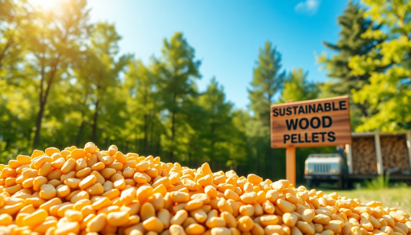 Sustainable wood pellets Europe displayed in a lush forest setting, emphasizing eco-friendliness and quality.