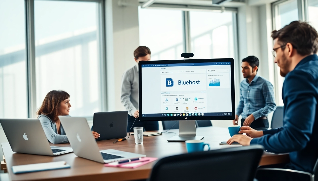 Showcase how Bluehost empowers users with an efficient hosting setup in a modern workspace.