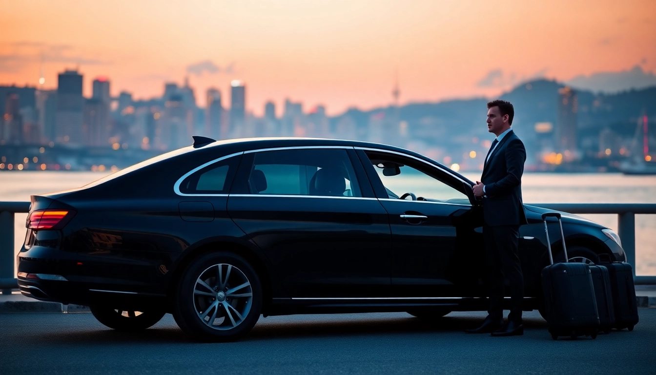 Experience a professional vancouver chauffeur service with a luxurious sedan against Vancouver's twilight skyline.