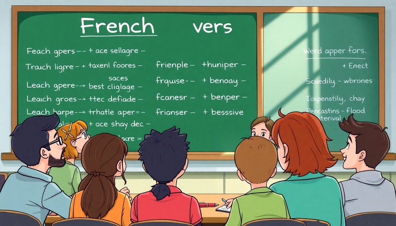 Engaging classroom scene illustrating French Verbs with animated character teaching students.